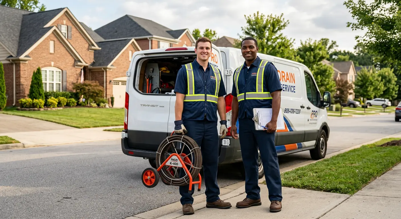 Sewer and drain service team with equipment ready for work in Mentone