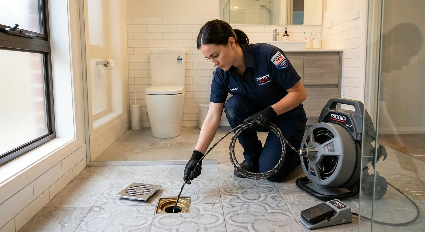 Technician clearing a bathroom floor drain for Sewer Line Installation in Mentone